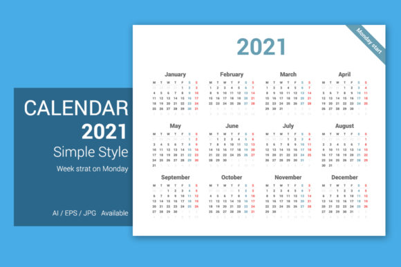 Simple Calendar 2021 Monday Starts